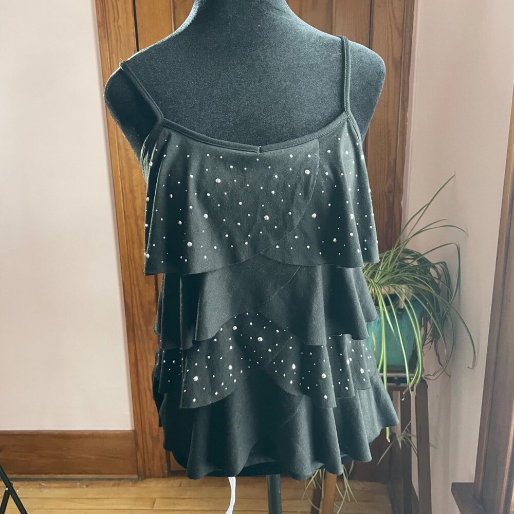 Y2K Vanity Rhinestone Ruffle Cami M Black Club Glam Mobwife Tiered Flowy Top